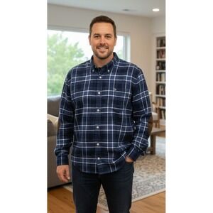 Crown & Ivy Cotton Classic Fit Blue Plaid Flannel Shirt Elbow Pads Mens Size XXL